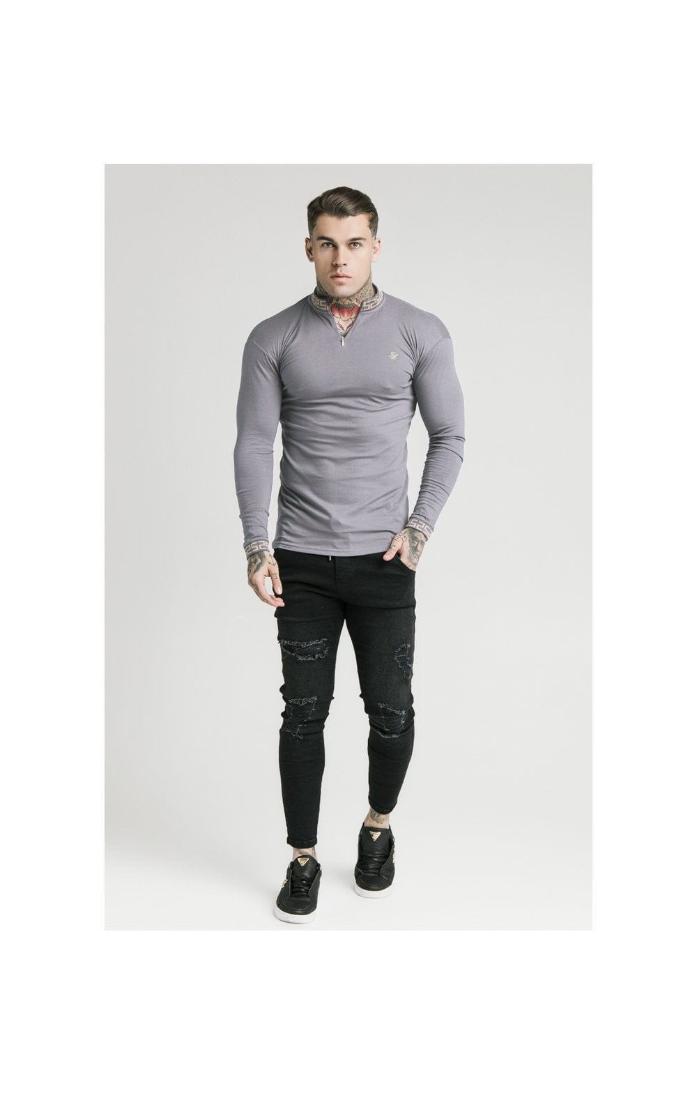 SikSilk L/S Chain Rib Collar Cuff Polo - Grey (2)