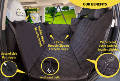 Meadowlark Dog Car Seat Cover Hammock diagram with zoom in on Second side flap zipper, seat belt, waterproof padding