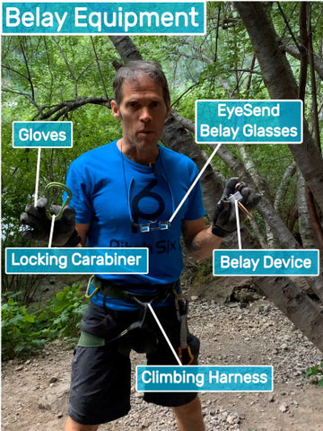 Belay Equipment  used for rock climbing, gloves, belay glasses, locking carabiner, climbing harness and belay device 