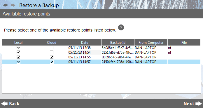 online backup and recovery screenshot