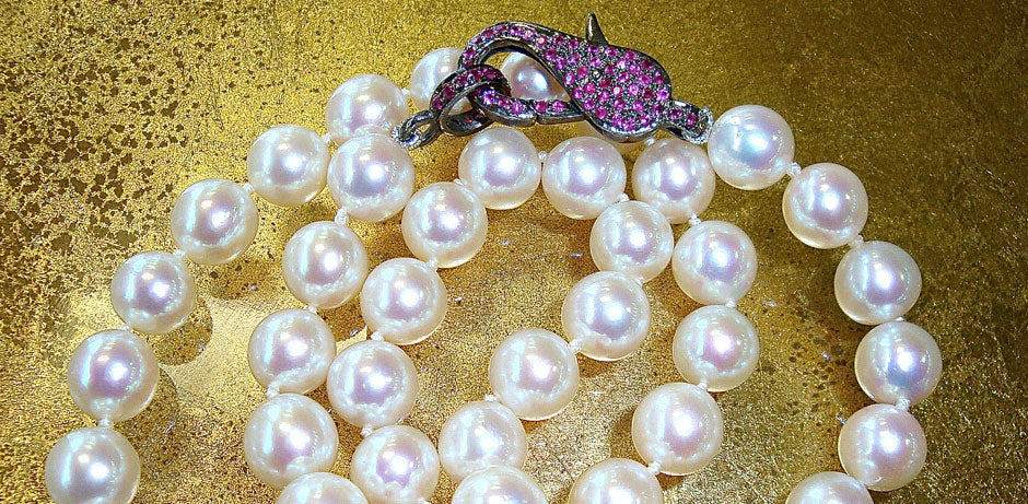 Arpaia Lang 8-8.5mm near-round Japanese akoya pearl necklace with handmade pink sapphire clasp