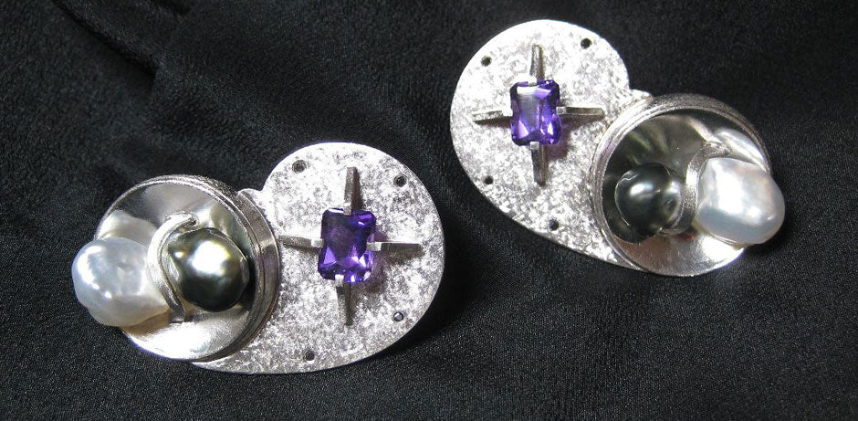 Palladium cufflinks by Robert Lang with natural white & black Biwa pearls, amethysts, and black diamonds