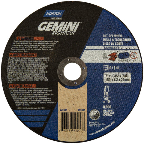 Norton® 7" X .045" X 7/8" Gemini®/RightCut® INOX/SS Medium Grit Aluminum Oxide Portable Type 01/41 Right Angle Cut Off Wheel