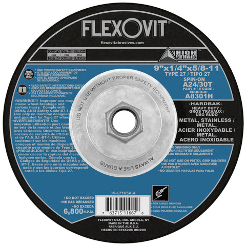 Flexovit 9" X 1/4" X 5/8" - 11 HIGH PERFORMANCE 24 - 30 Grit Aluminum Oxide Grain Reinforced Type 27 Spin-On Depressed Center Grinding Wheel