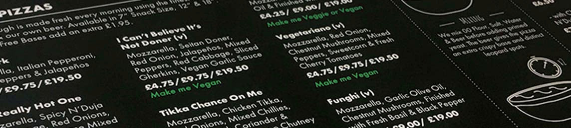 Well engineered menu for a brewery featuring pizzas