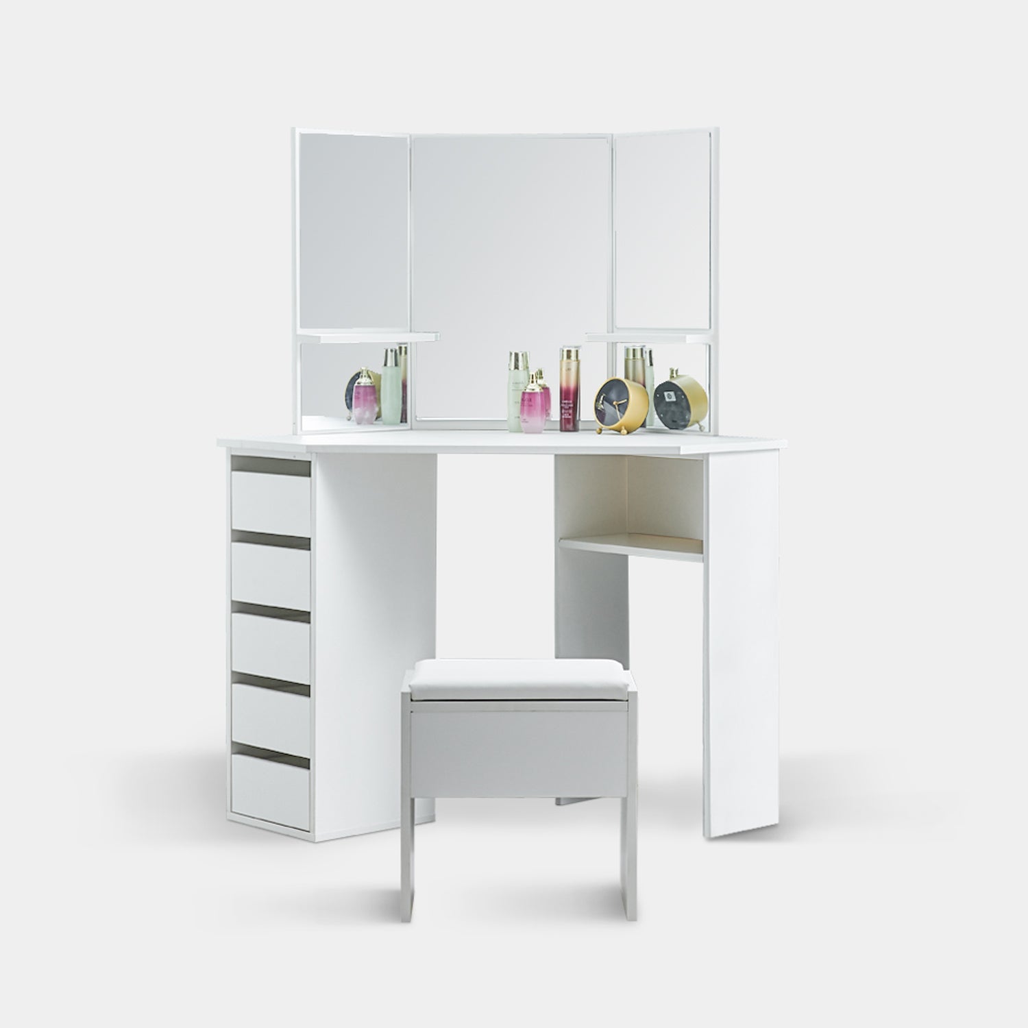 White Corner Curved Dressing Table Makeup Desk with 5 Drawer 3 Mirror and Stool