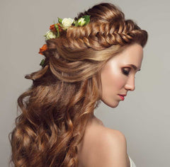 Bridal Hair with Braids and Accessories like flowers and jewelry