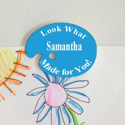 art palette fridge magnet with blue background or any color stating look what your child's name made for you/