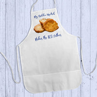 Picture of Latkes on personalized apron shown lying flat on wood