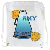 Megaphone and pom poms on a custom drawstring backpack with any name