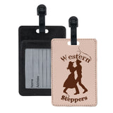 2 step (two step) dancers luggage tags for small groups with dance logos. Contact card slot in back of tag made of printable leather