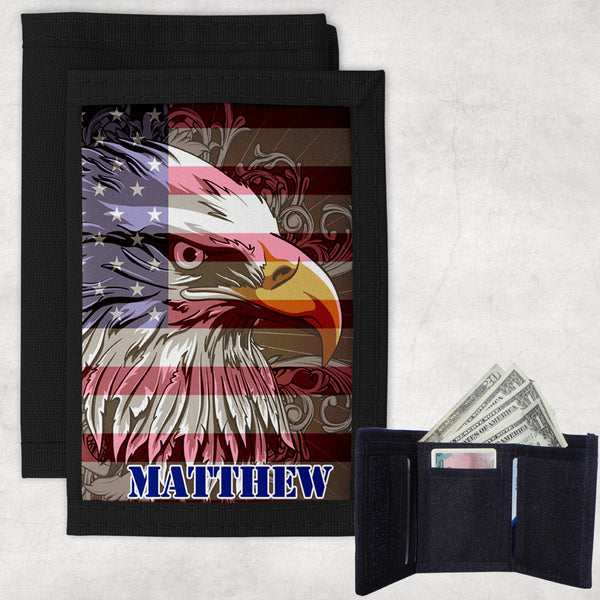 patriotic eagle superimposed over american flag on a tri-fold wallet with your name