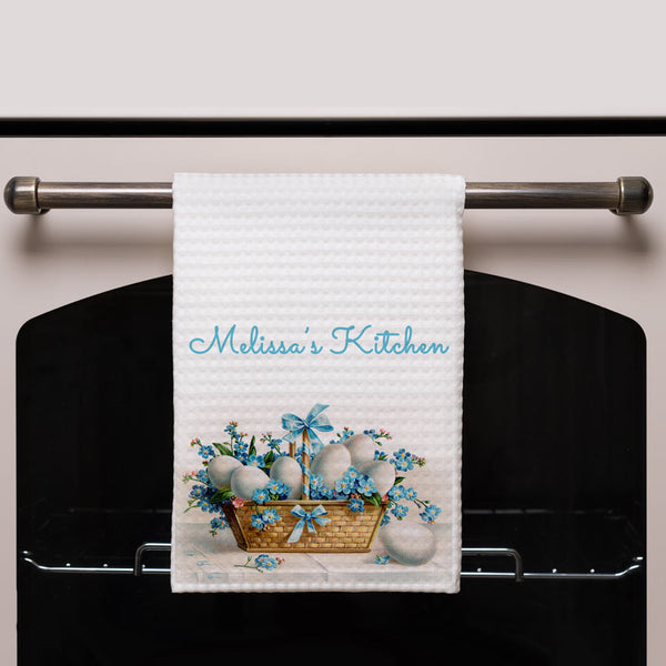vintage fresh egg basket with flowers kitchen towel design