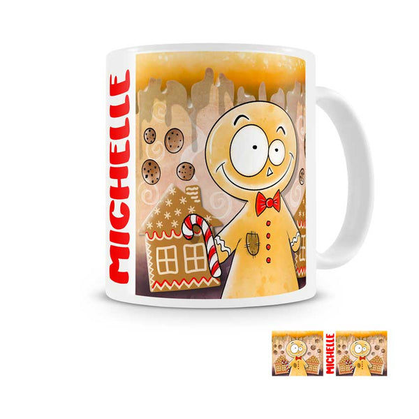 gingerbread cookie and house image in looney style cartoon on a mug with your name