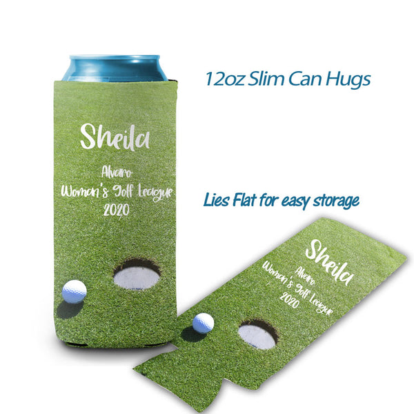 Golf Green Slim Can Hugs personalized with any name
