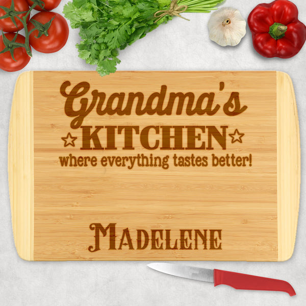 Any Title like Grandma's, Nanny's etc Kitchen where everything tastes better on a two tone cutting board personalized with a name