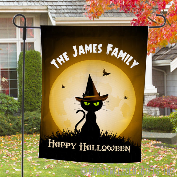 Welcome Garden Flags with Cute black cat with green eyes wearing witches hat sitting in front of a full moon Personalized with any name