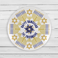8" plate with Menorah's in a circle and your hanukkah message and name