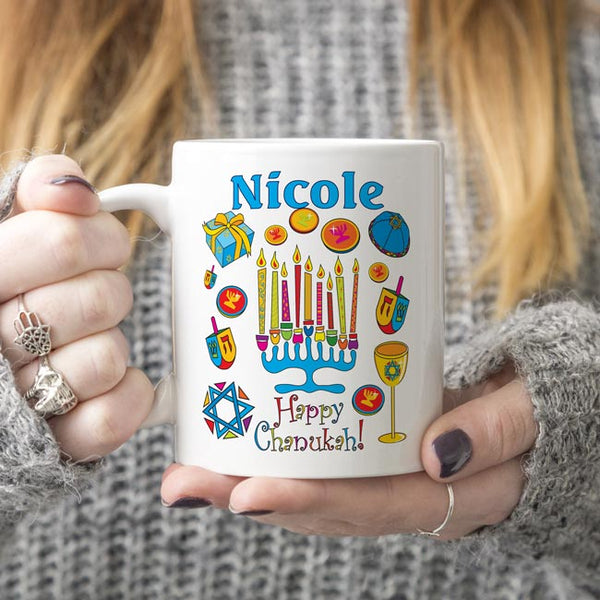 Colorful Menorah Surrounded by other Hanukkah Images such as dreidels, gelt, chalice, yamika and more with your personalized name and Hanukkah Greetings. 