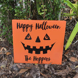 Orange Wood Sign with Pumpkin Eyes Nose & Mouth  With Personalized Text on Top and Bottom