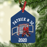 Gift Tag Shaped Christmas Ornament with Hockey Goalie in front of net and personalized with any name, jersey number and year.