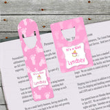 It's a girl bookmarks available in two sizes with baby feet background and a pacifier along with any name