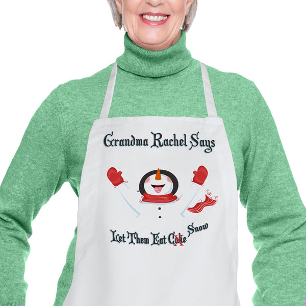 Personalized snowman eating snowflakes aprons with your custom text