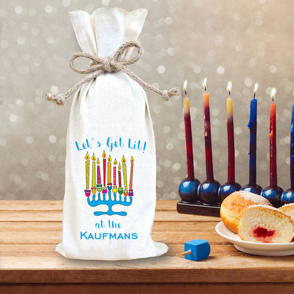Custom Wine Bottle Gift Bag with Menorah and Let's Get Lit personalized with any name or custom text