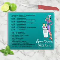 Ingredient Measurement Conversion Chart with cartoon female in apron and chef hat in front of stove  and any text like Sandra's Kitchen on tempered glass cutting board