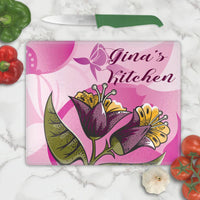 Tiger lily illustration on a pink butterfly background glass cutting board personalized with any text