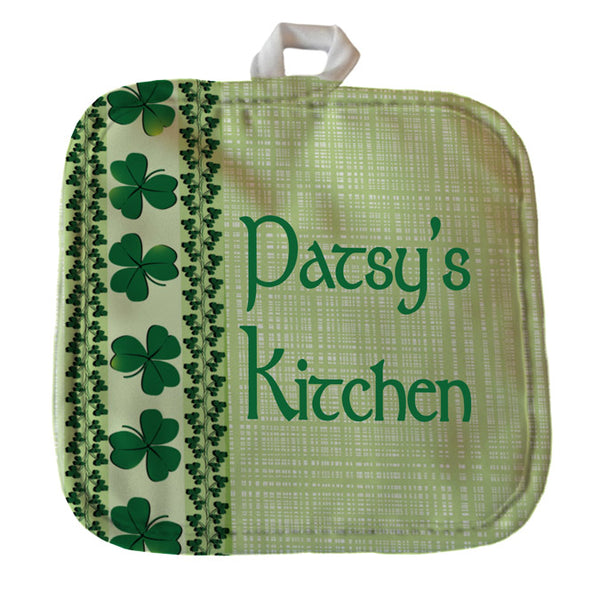 8x8 pot holder with a soft green background and left border of shamrocks personalized with any text