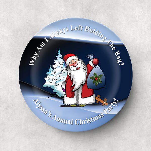 Santa Holding a Gift Sack with a perplexed look on his face on a custom plate with any text