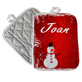 7x9 pot holder with red snowy background and cute snowman Personalized with any name