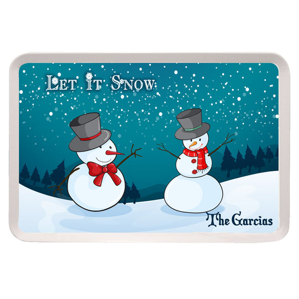 Personalized Serving Tray 9.25" x 14" with cute snowmen on a winter hill with trees and your personalized message and name on top left and bottom right
