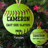 Christmas Ornament with Softball design and three lines of personalized text on a porcelain or plastic 3" Christmas Tree Ornament with ribbon for hanging