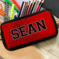 Zippered Pencil Pouch Personalized with red background and black spider web and any name