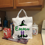 Halloween Tote bag shown on counter filled with groceries