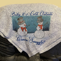 blue sweater fleece throw blanket with snow people scene and personalization of baby it's cold outside, wanna snuggle?