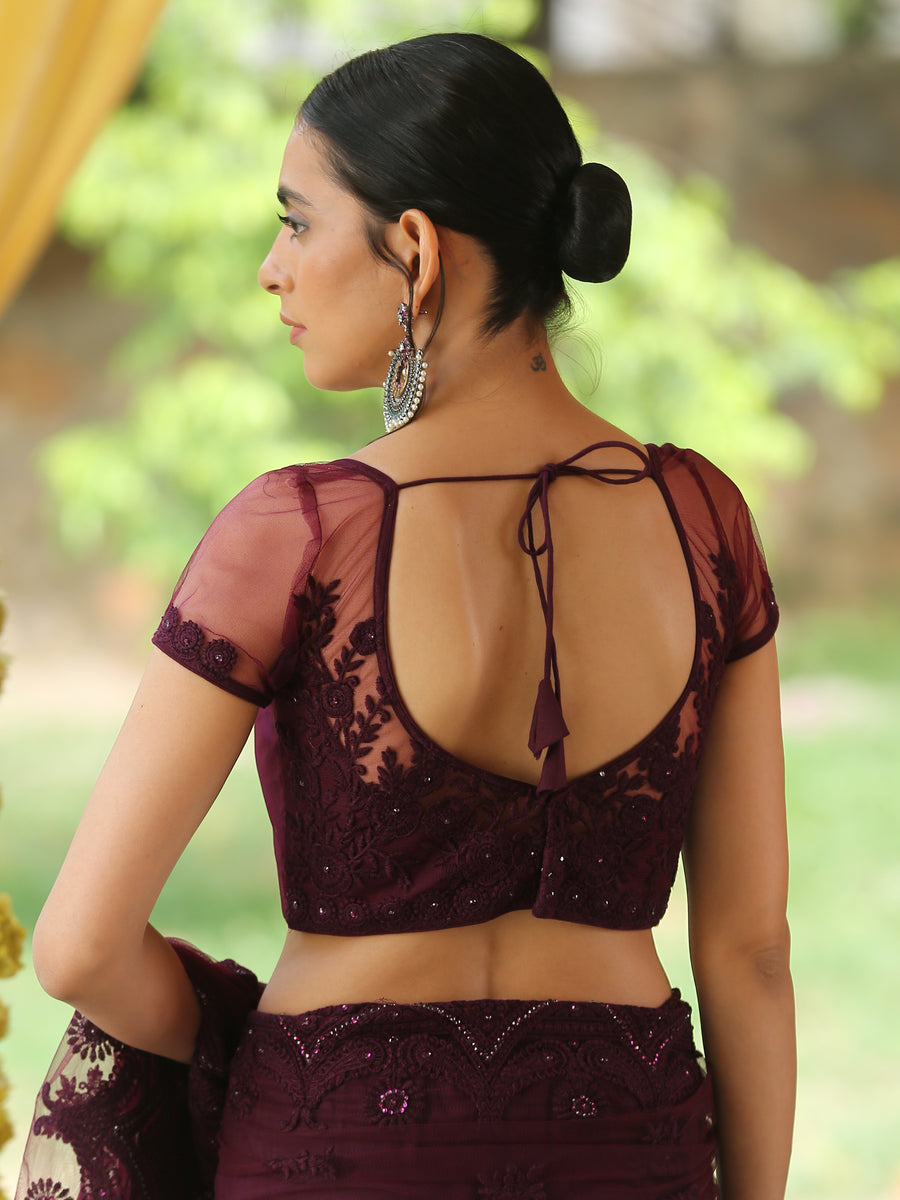 Blouse - Mulberry Wine Embroidered NET blouse – Swtantra