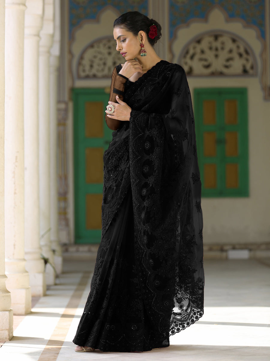 Black Net Saree with Embroidery & Scalloping – BLACK SAREE LOOK FOR PARTY