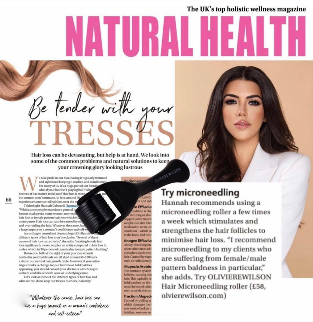 Natural Health Magazine and Hannah Gaboardi looking after our HAIR with OLIVIEREWILSON scalp microneedling 