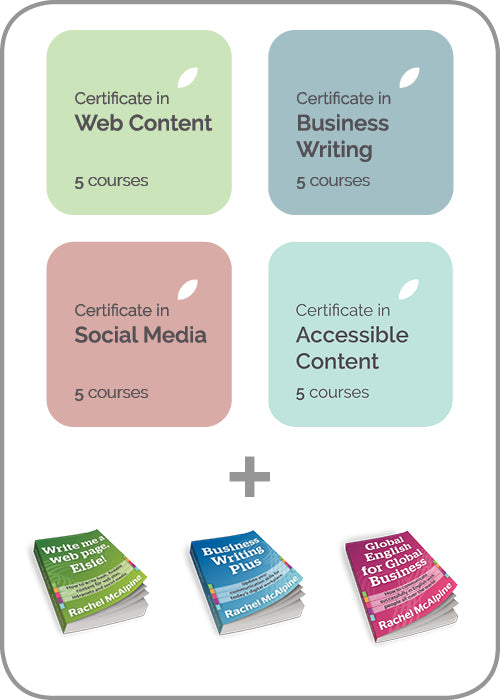 Contented subscription includes 4 training certificates in web writing, business writing, social media, content marketing and web accessibility