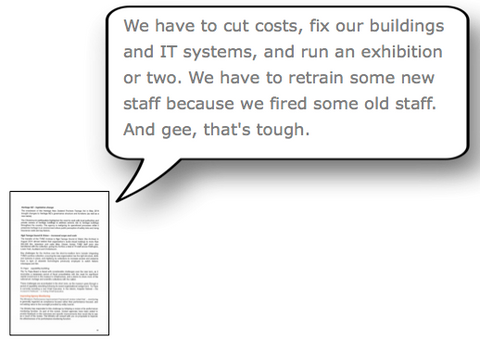 We have to save money, fix the buildings and IT systems, and have an exhibition or two. We have to retrain some new staff because we fired some old staff. And gee, it's tough.