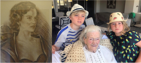 Mollie Mackenzie at 33 years of age and at 99 years of age with her great grandchildren NZ