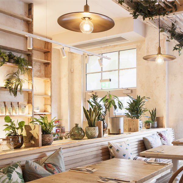 Avobar London cafe interior with greenery and brass industrial lighting