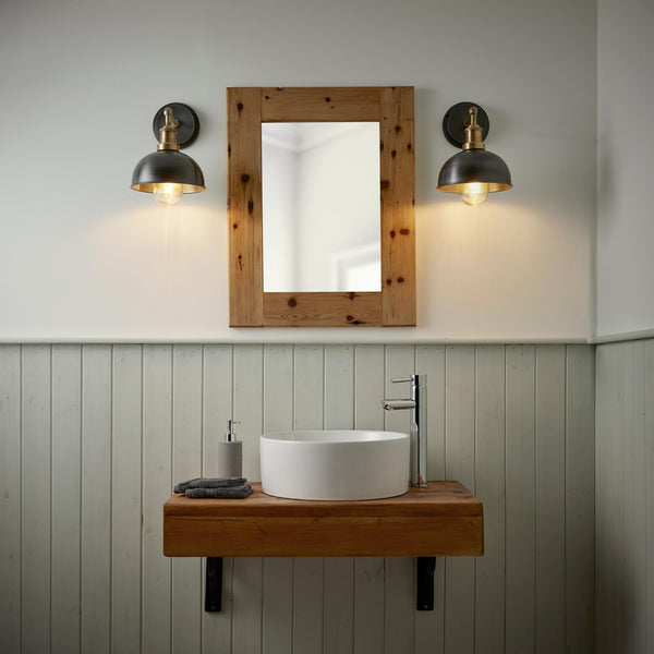 Industrial task lights in bathroom setting