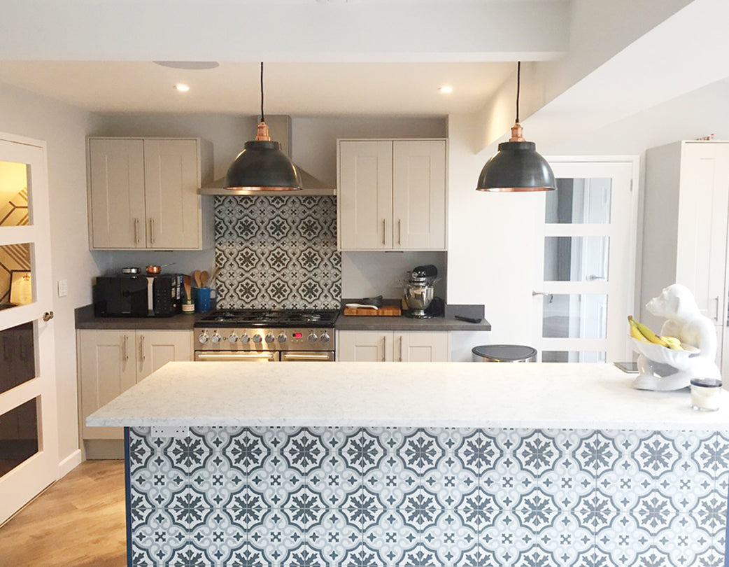 Geometric wallpaper in kitchen with retro lights