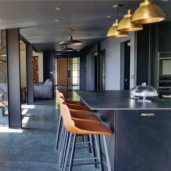 Vintage lights in an open plan kitchen interior