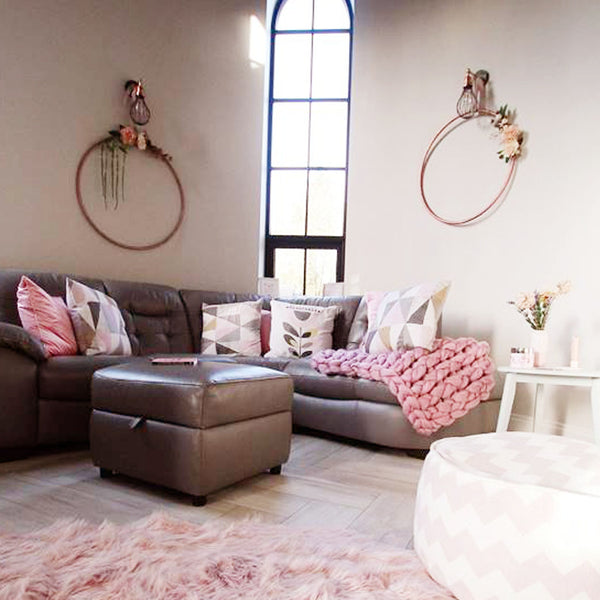 Pink living room interior with balloon lights