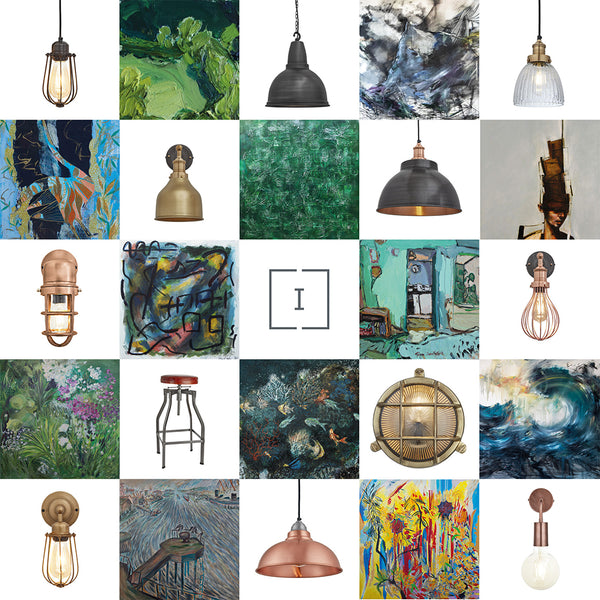 Collection of industrial lights and unique handcrafted artwork
